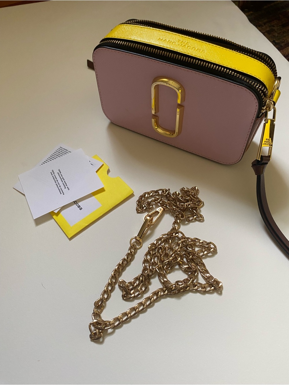 Marc Jacobs The Snapshot Yellow Brown Pink Leather Camera Bag w gold chain